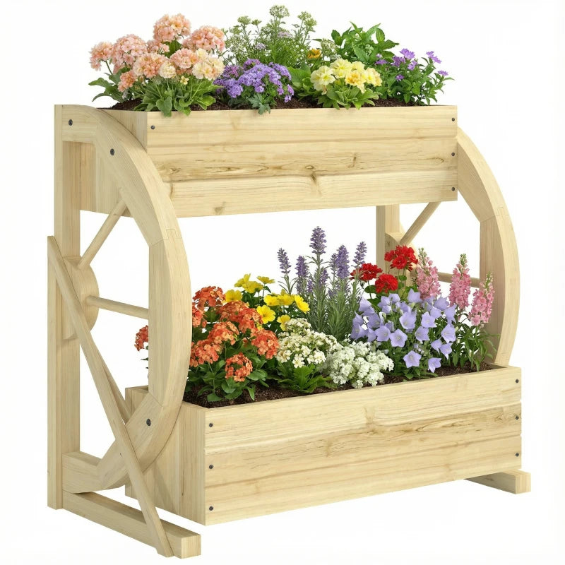 Wooden Wagon Planter Box, 2-Tier Raised Garden Bed, for Vegetables Flowers Herbs, Natural
