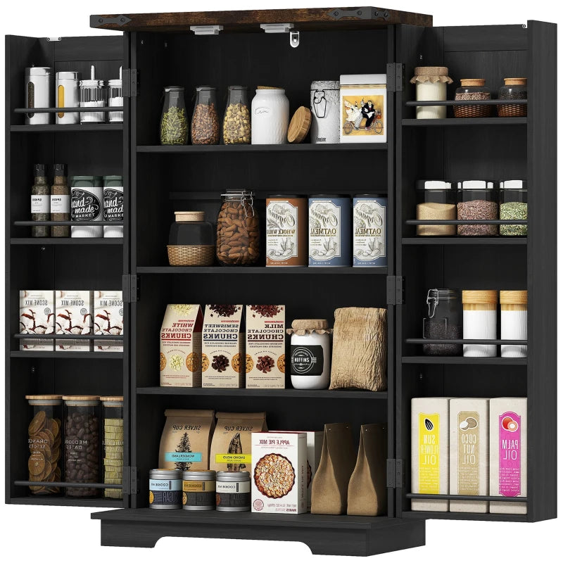 Farmhouse Kitchen Pantry Storage Cabinet, Kitchen Pantry Cabinet with Doors and Adjustable Shelves, Black