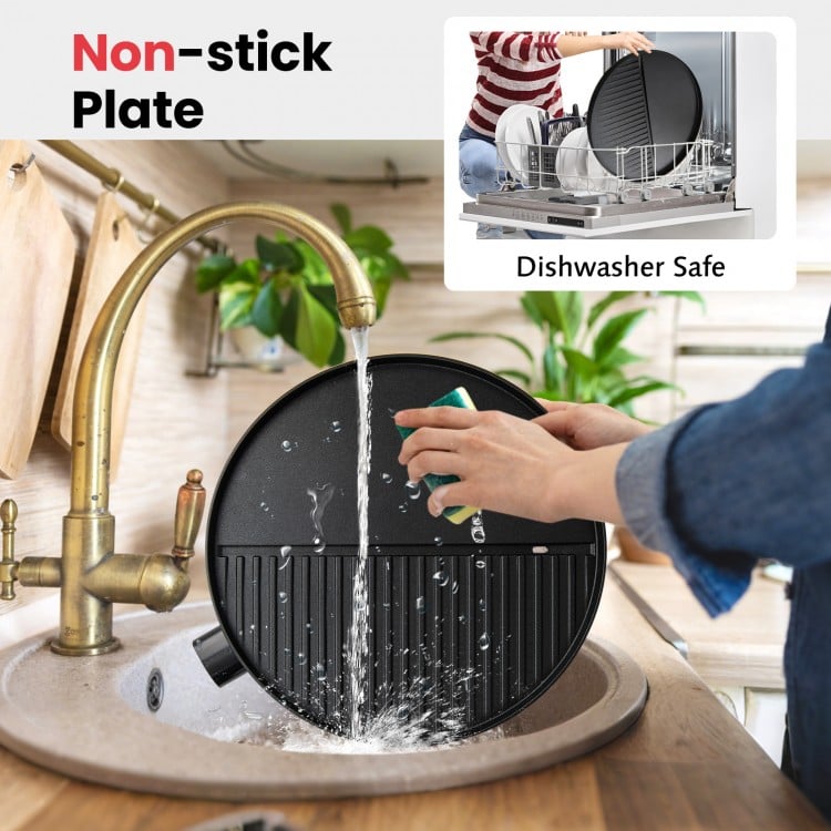 Electric BBQ Grill 1200W Indoor Outdoor Grill with 2-Zone Non-Stick Grilling Plate-RE