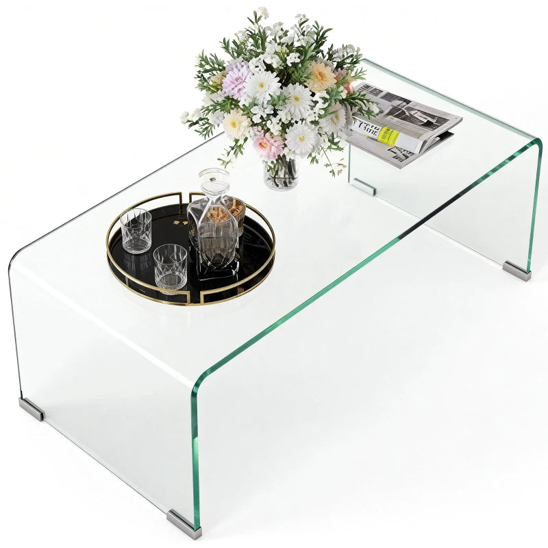 Glass Coffee Table, Clear Coffee Table for Living Room, Modern Rectangle Center Table with Safe Rounded Edges