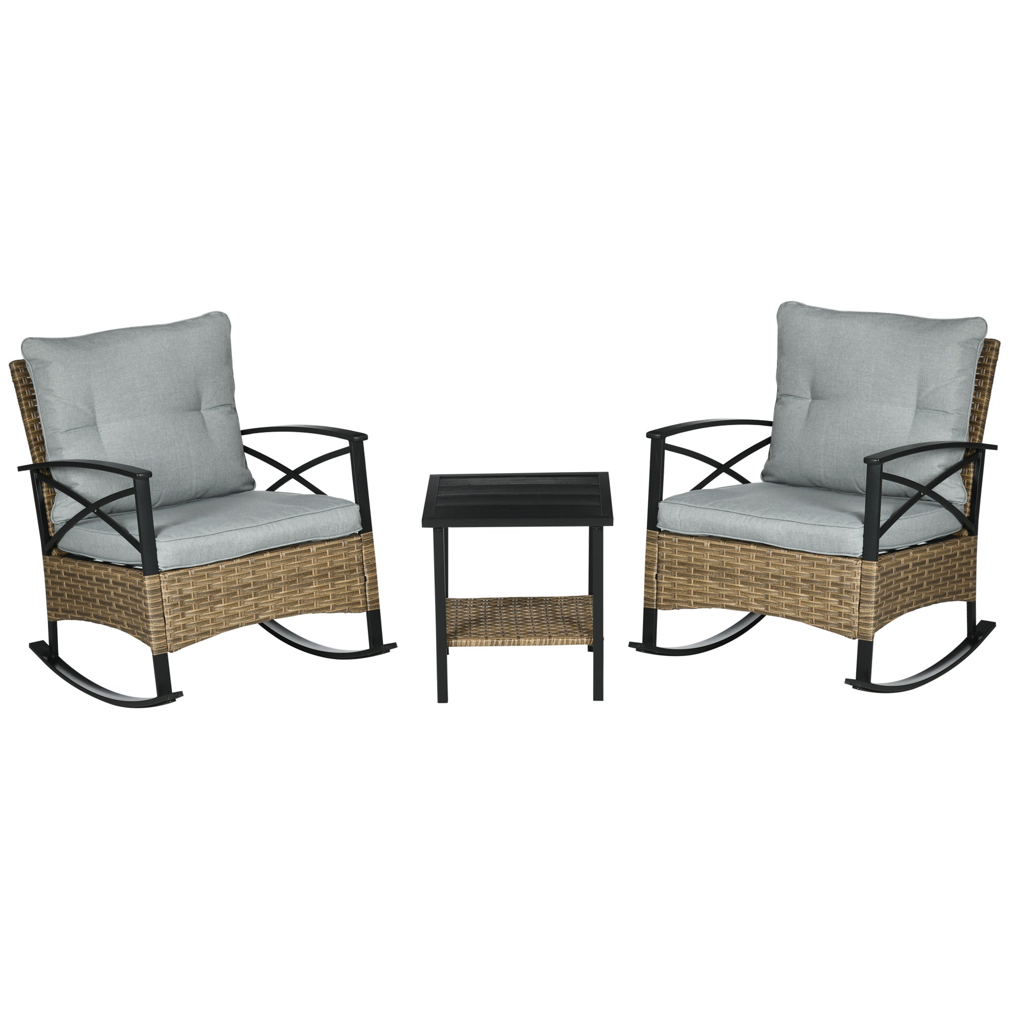 Outsunny Patio Wicker 3 Pieces Rocking Chair Set, PE Rattan Bistro Set with Padded Cushions, Rocker Chairs and Two-tier Iron Plate Top