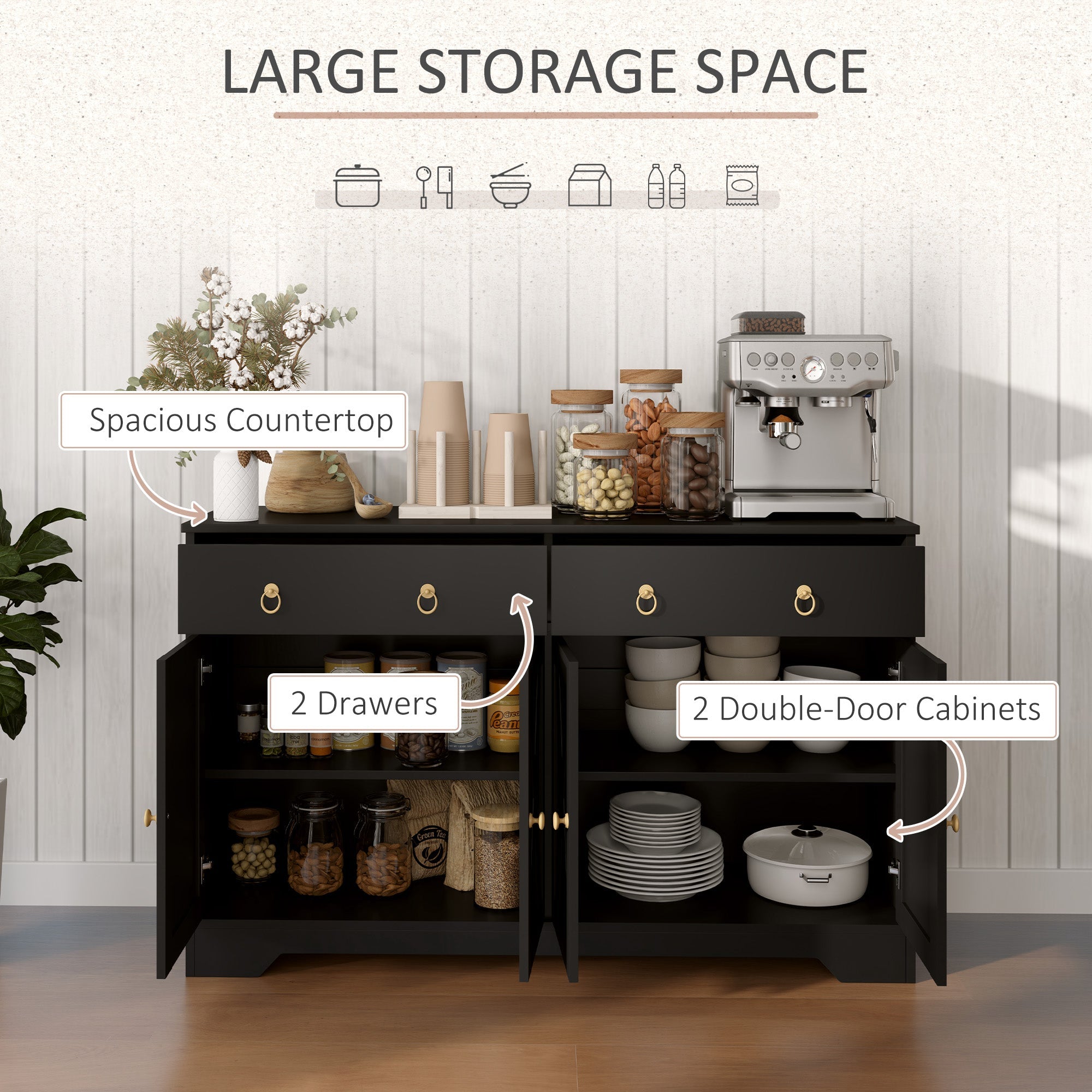 HOMCOM Sideboard Cabinet with 2 Drawers, 4 Barn Doors and 2 Adjustable Shelves, Buffet Table for Living Room, Black