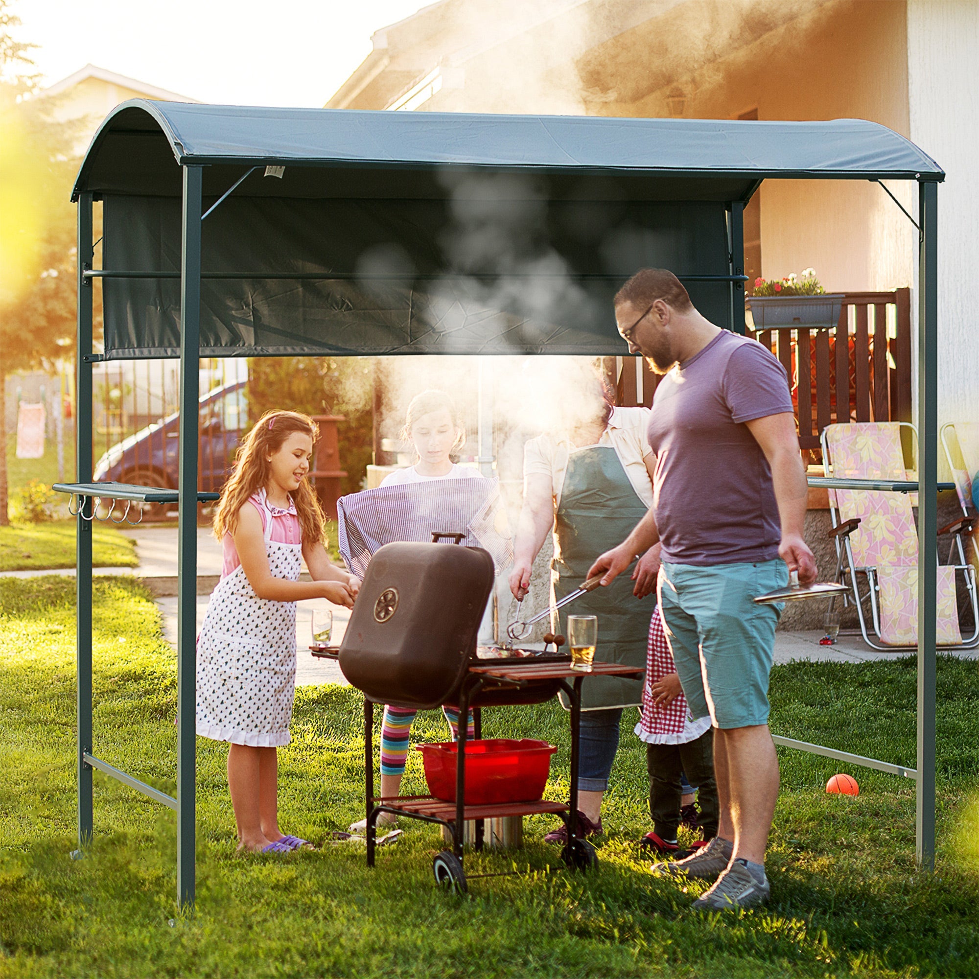 Outsunny BBQ Gazebo 7'x4.5' Outdoor Tent Metal Frame Sunshade Grey