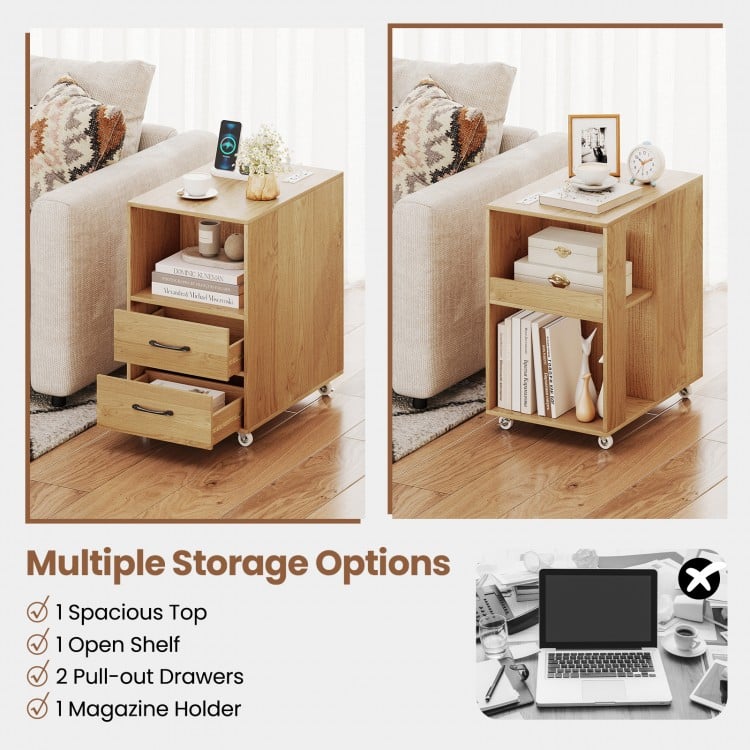 End Table with Built-in Charging Station Sofa Side Bedside Table on Wheels-Natural