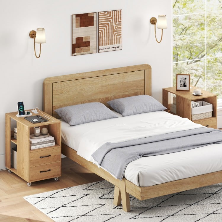 End Table with Built-in Charging Station Sofa Side Bedside Table on Wheels-Natural