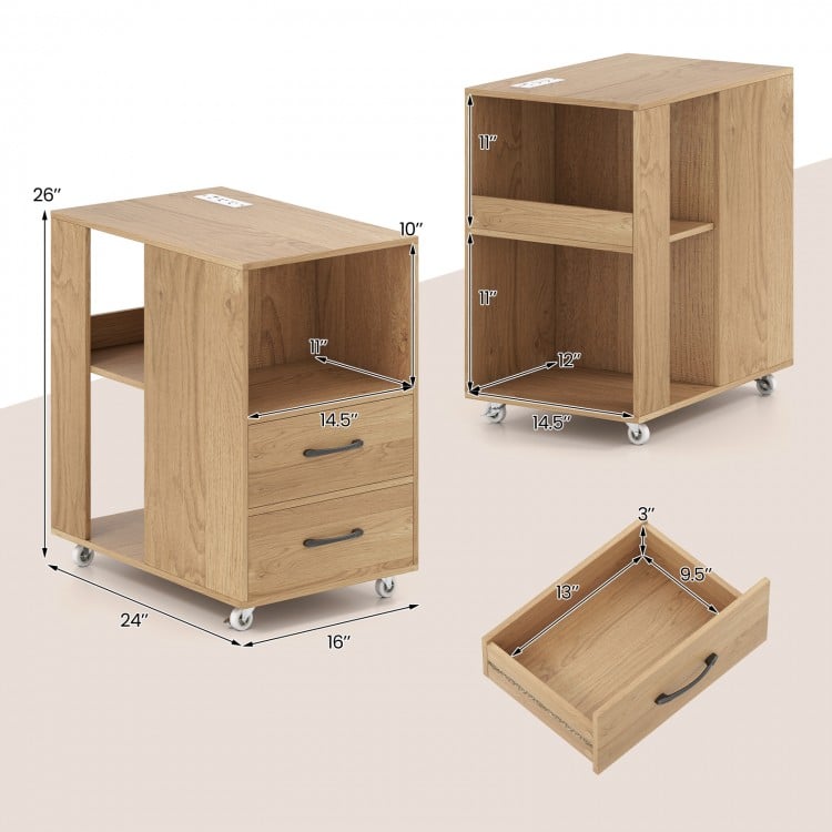 End Table with Built-in Charging Station Sofa Side Bedside Table on Wheels-Natural