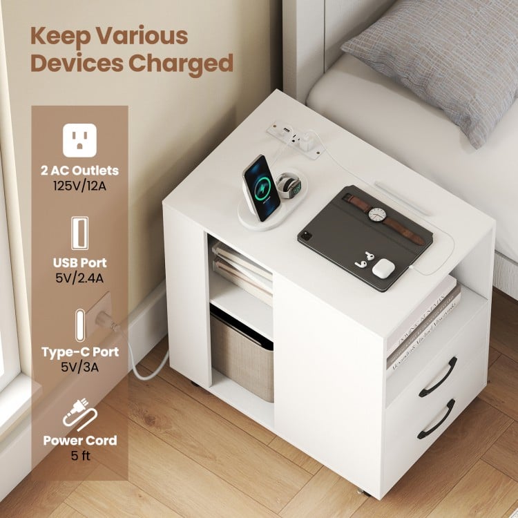 End Table with Built-in Charging Station Sofa Side Bedside Table on Wheels-White