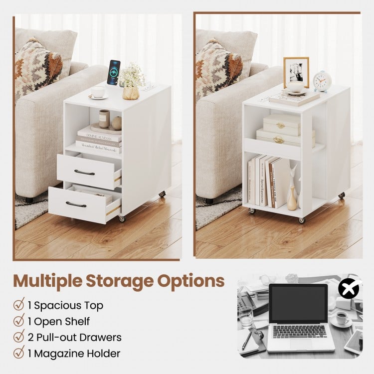 End Table with Built-in Charging Station Sofa Side Bedside Table on Wheels-White
