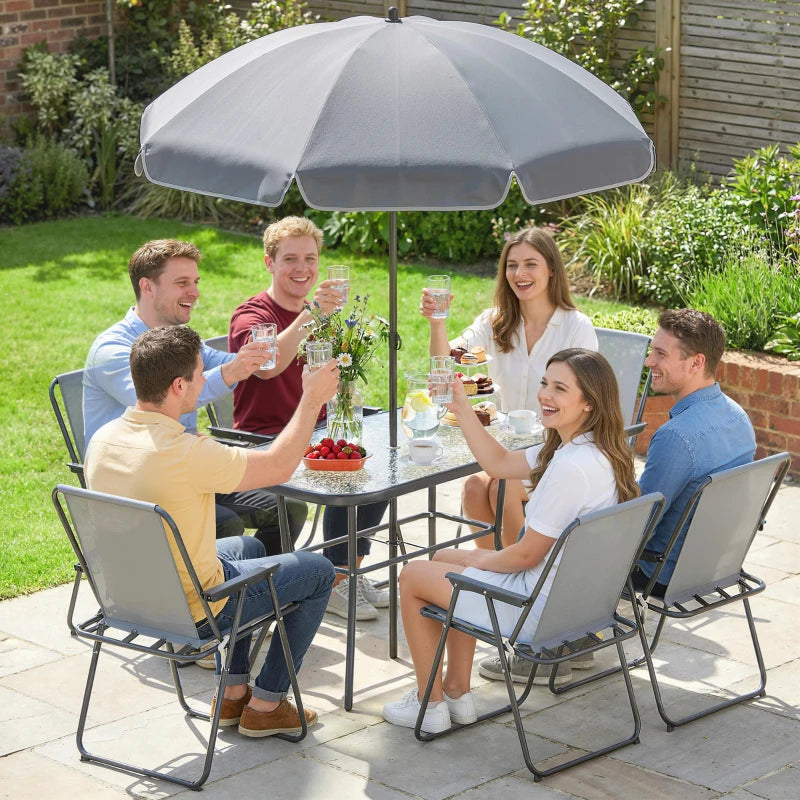 8 Piece Patio Table and Chairs Set with Folding Chairs, Tempered Glass Tabletop and Umbrella for Garden, Grey