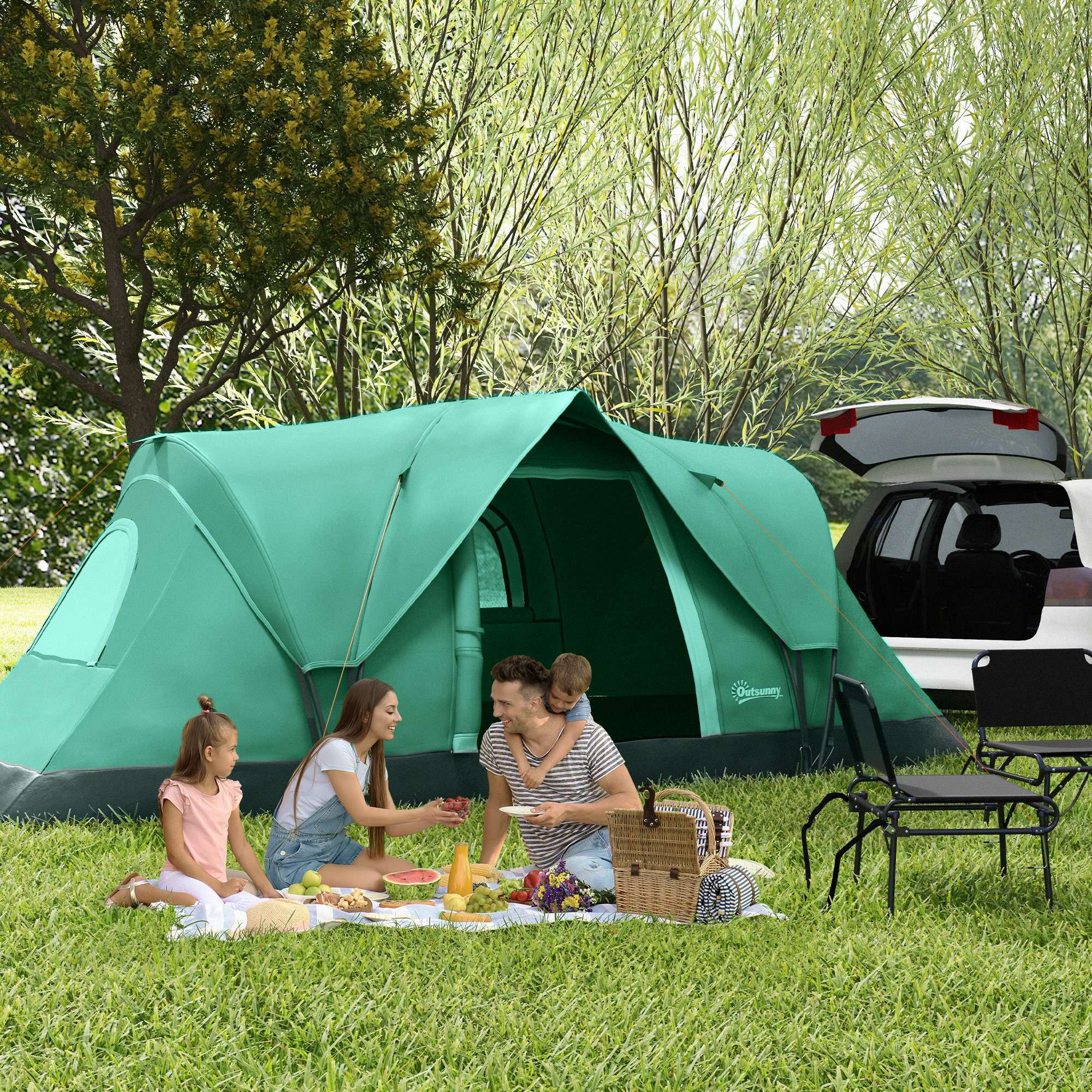 Outsunny 5-6 Person Family Tent, Outdoor Camping Tent with Lighting Hook, Carrying Bag for Camping, Hiking and Travelling, Green