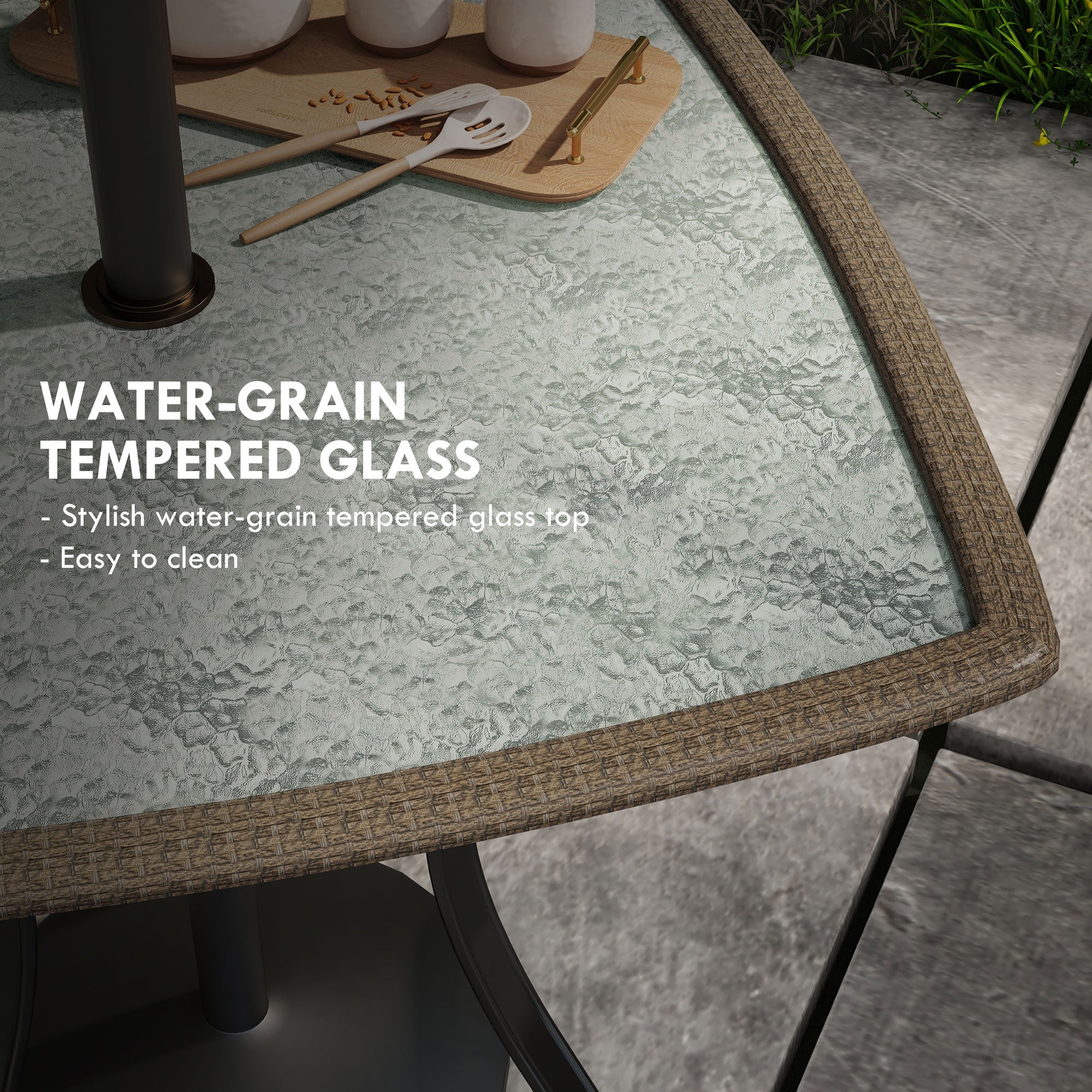 Outsunny Outdoor Oasis: 34" Square Patio Dining Table with Water-Grain Glass Top, Umbrella Hole, Dark Brown Finish