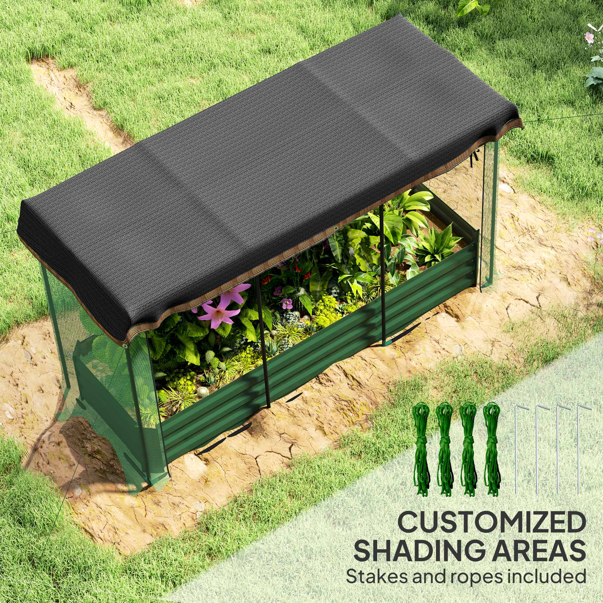 Outsunny Galvanized Steel Planter Box with Crop Cage and Shade Cloth, Raised Garden Bed for Flowers, Vegs and Herbs, Green