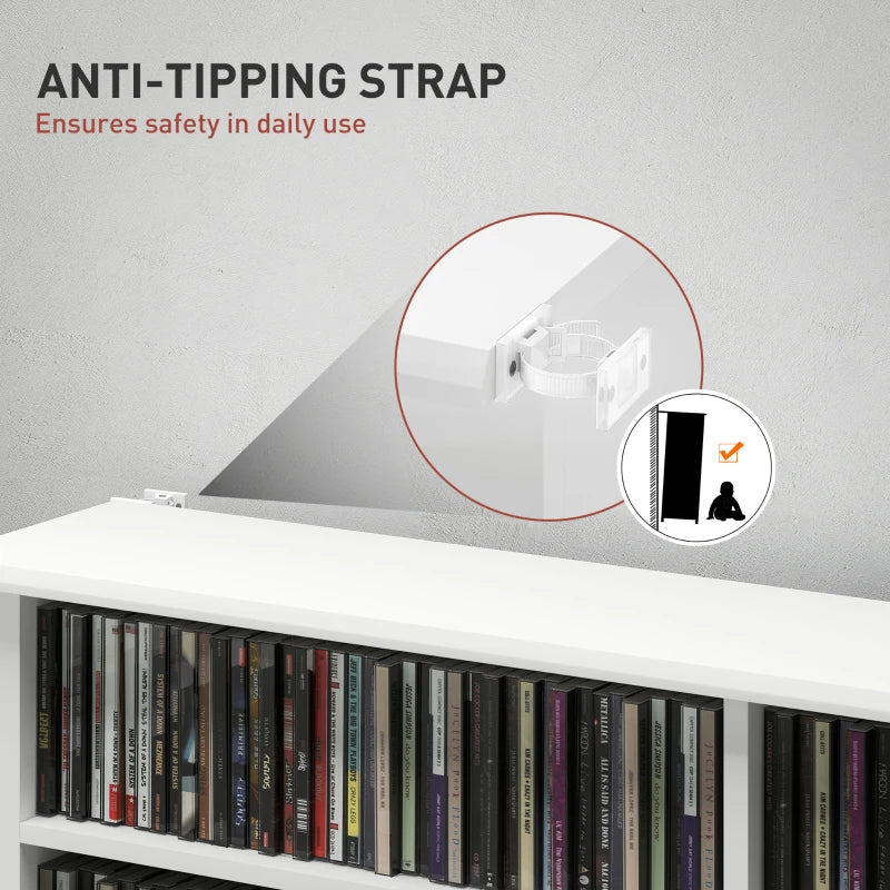 8-Tier DVD Shelf with 12 Adjustable Shelves, Double CD Shelf, Holds 720 CDs, 396 DVDs or 396 Blu-rays, White