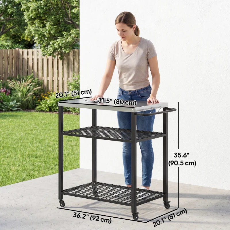 Outdoor Grill Cart with Stainless Steel Top, Two-Shelf Pizza Oven Stand, Food Prep Table on Wheels, Black