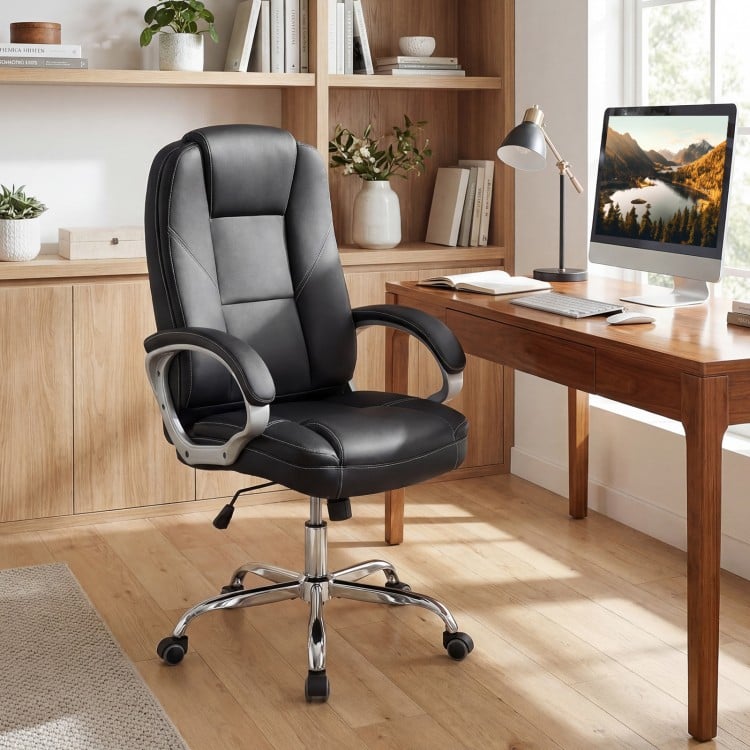 Ergonomic Leather Office Chair with Padded Armrests and Rocking Backrest-Black