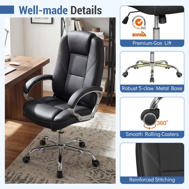 Ergonomic Leather Office Chair with Padded Armrests and Rocking Backrest-Black