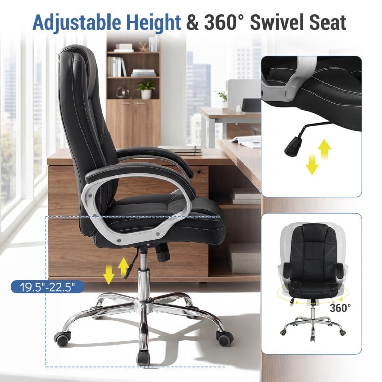 Ergonomic Leather Office Chair with Padded Armrests and Rocking Backrest-Black
