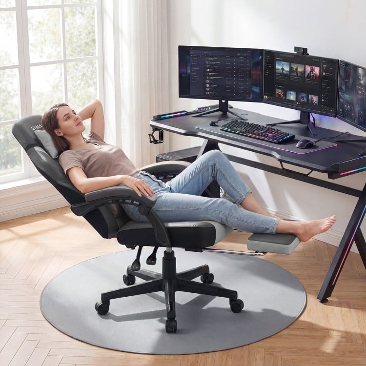 Ergonomic Video Game Chair with Headrest and Reclining Backrest-Grey