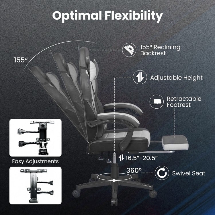 Ergonomic Video Game Chair with Headrest and Reclining Backrest-Grey