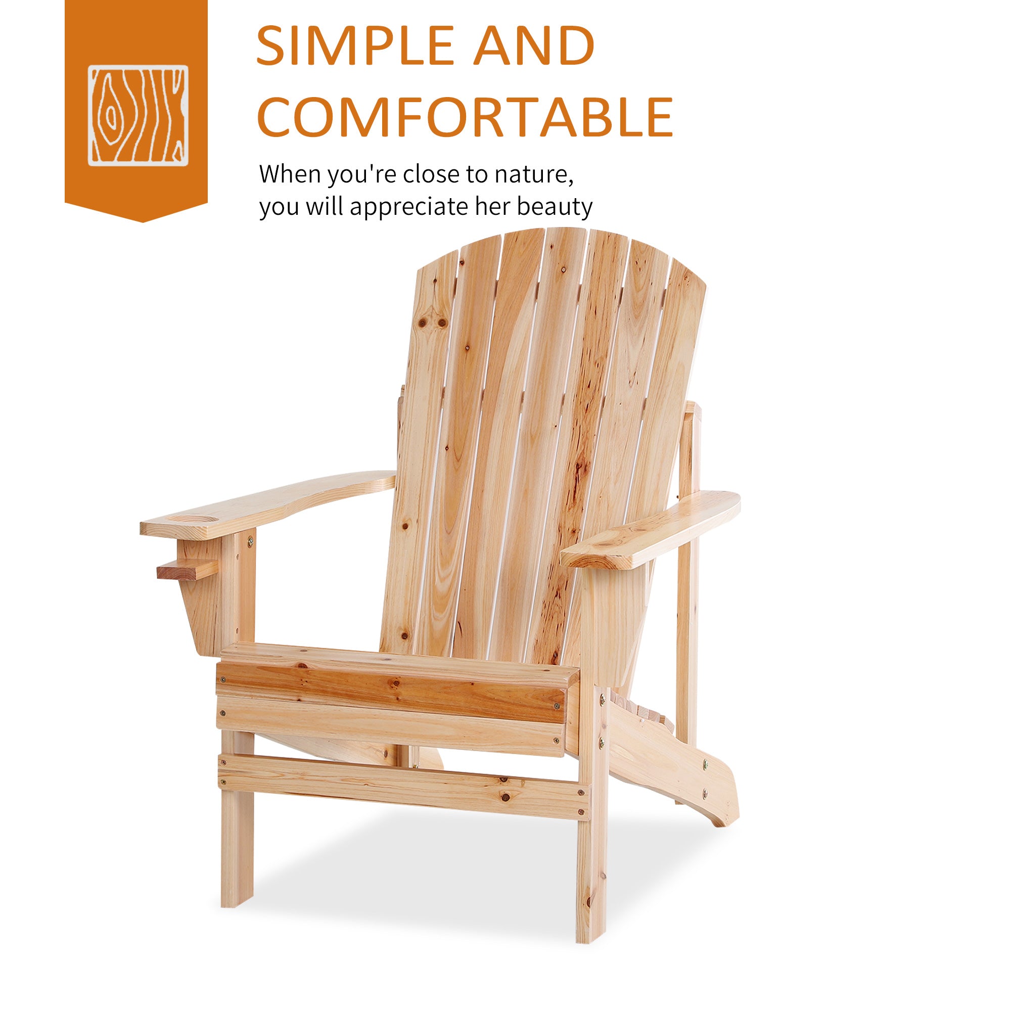 Outsunny Wooden Classic Adirondack Chair with Cup Holder Ergonomic Outdoor Patio Garden Deck Furniture Natural