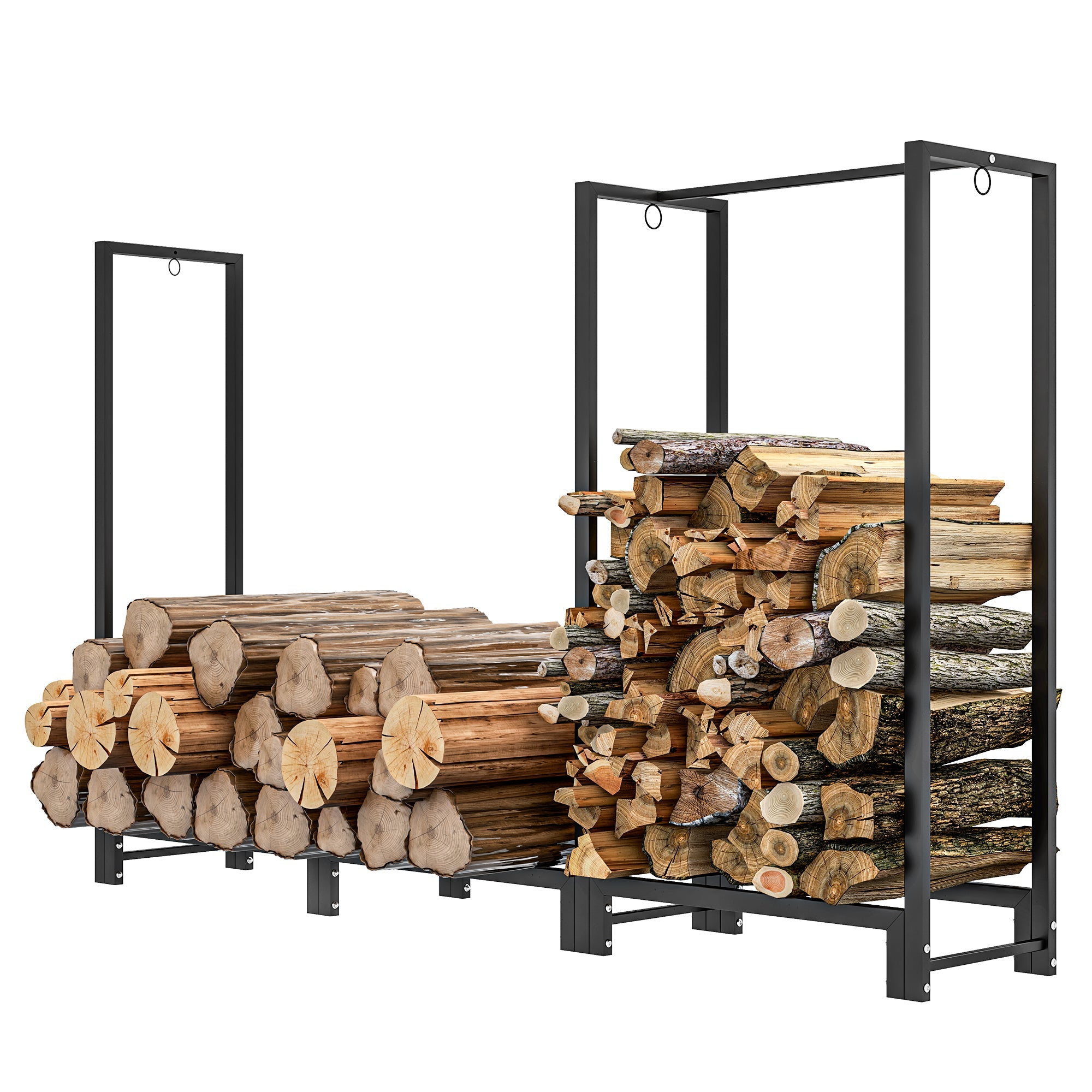 Outsunny 6ft Firewood Rack with Dual Space and Lock Rings, Steel Log Holder for Outdoor Indoor, Black