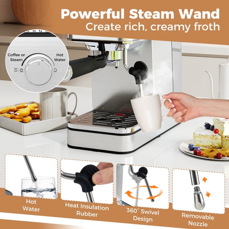 Espresso Machine 20 Bar Compact Stainless Steel Coffee Maker with Milk Frother