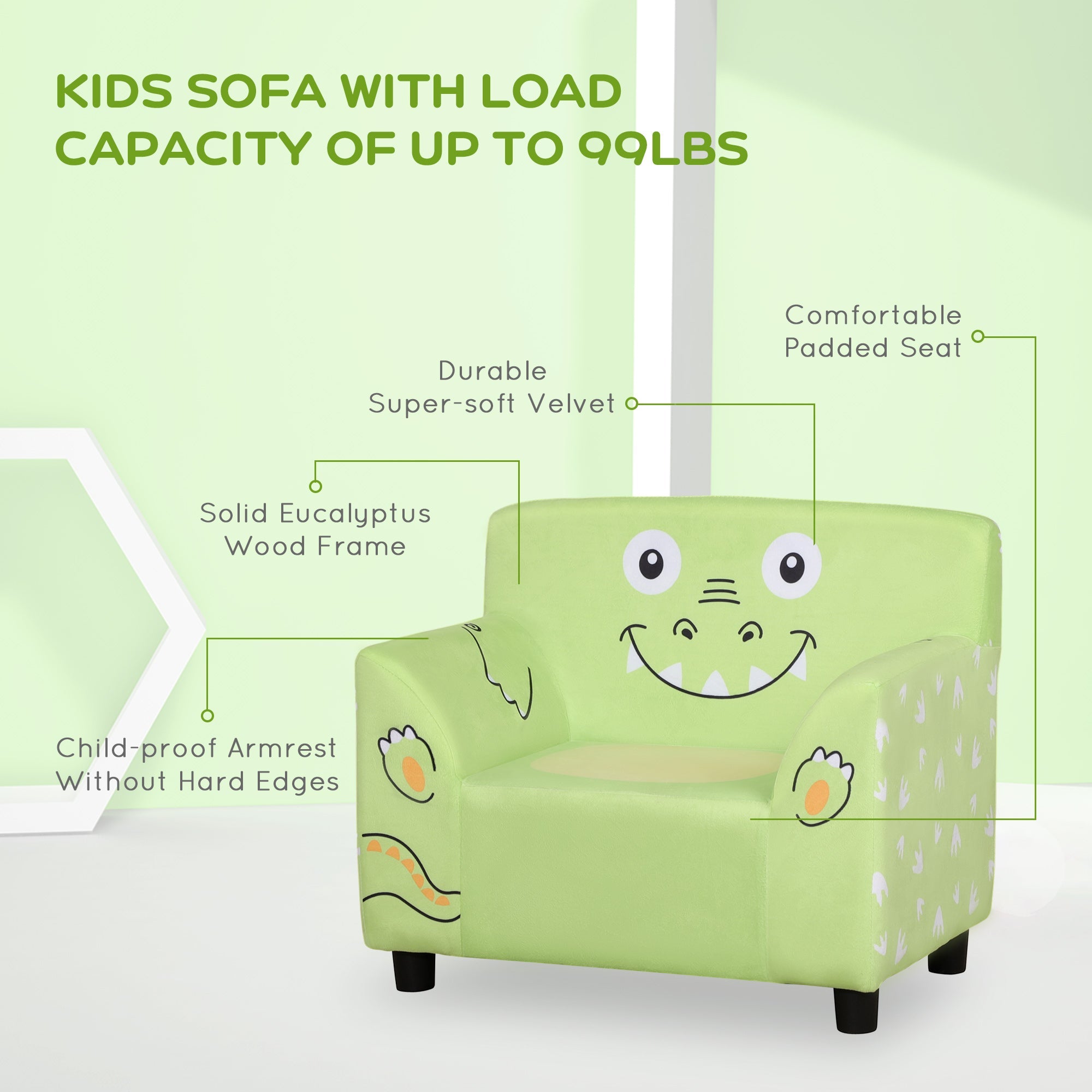 Qaba Children's Sofa: Cozy Velvet Toddler Armchair, Eco-friendly Eucalyptus Wood - Green