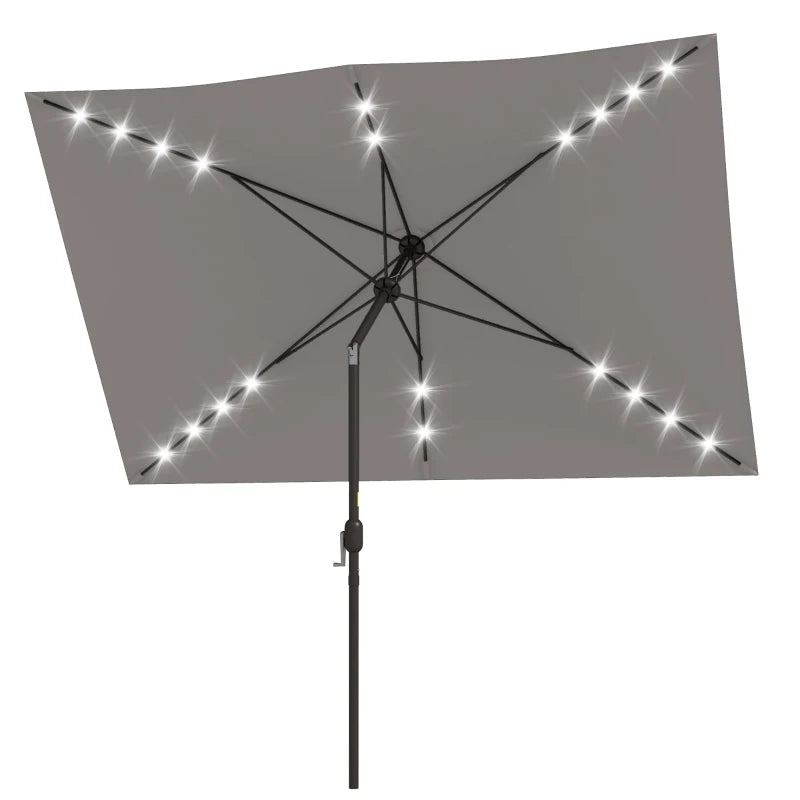 6.5x10ft Patio Umbrella Tilt Aluminum Outdoor Market Parasol with Solar Powered LEDs, Crank - Light Grey