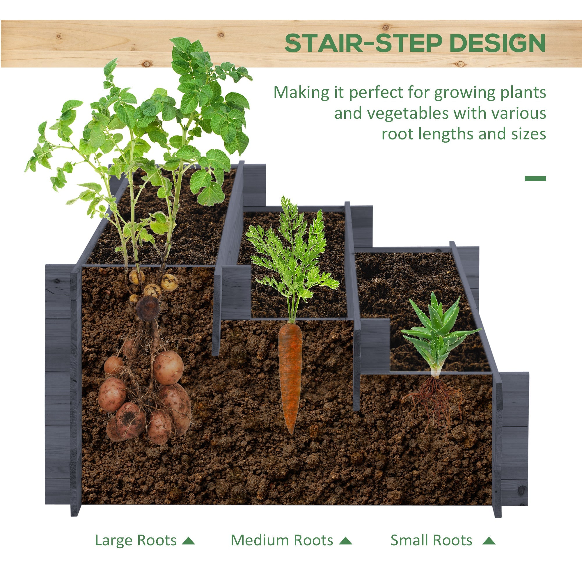 Outsunny 3-Tier Raised Garden Planter Kit Wooden Elevated Planter Boxes Outdoor Vegetable Flower Herb Garden Grey