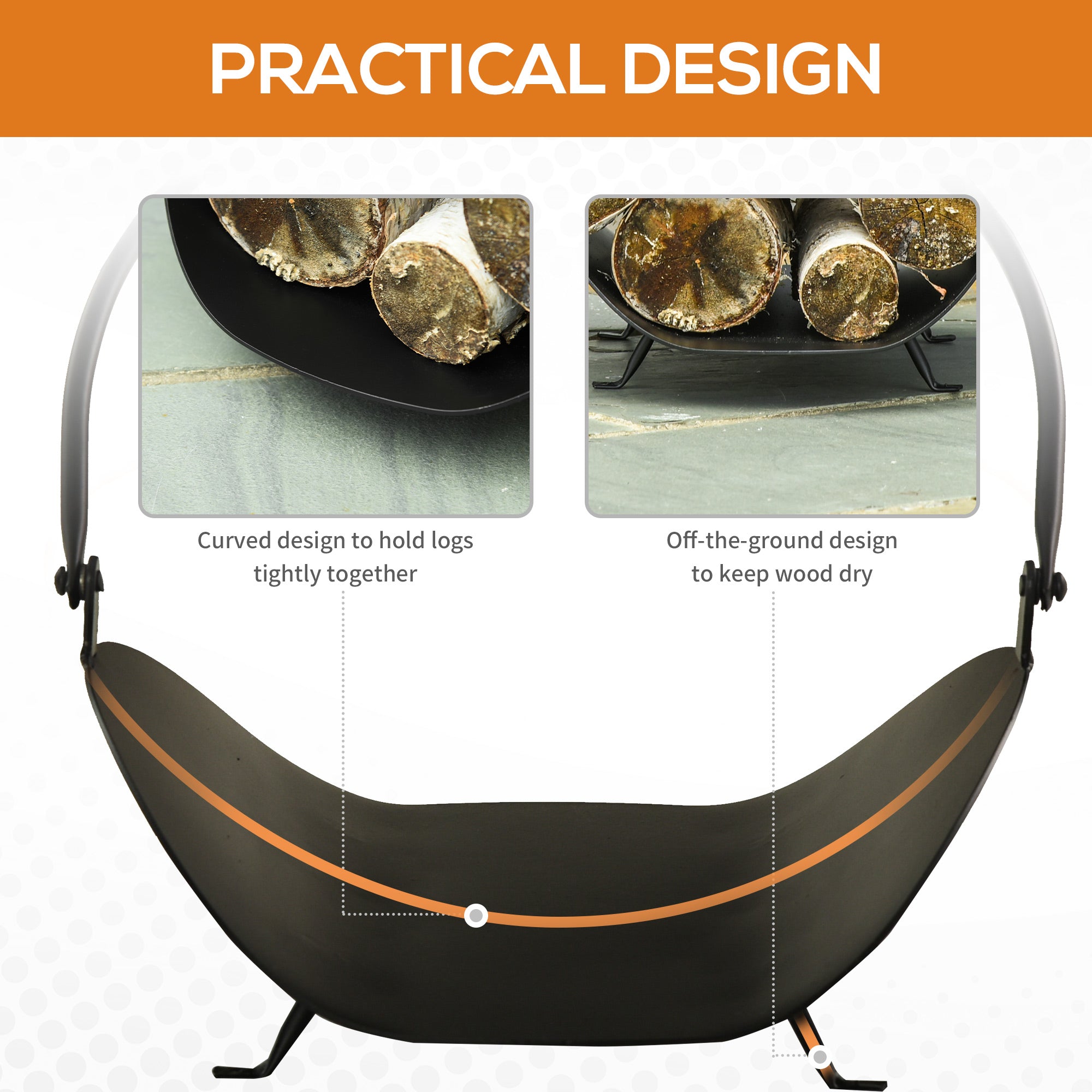 Outsunny Fireside Flair: 16" Curved Firewood Log Rack, Fireplace Wood Storage Basket Carrier with Handle, Indoor Outdoor, Black