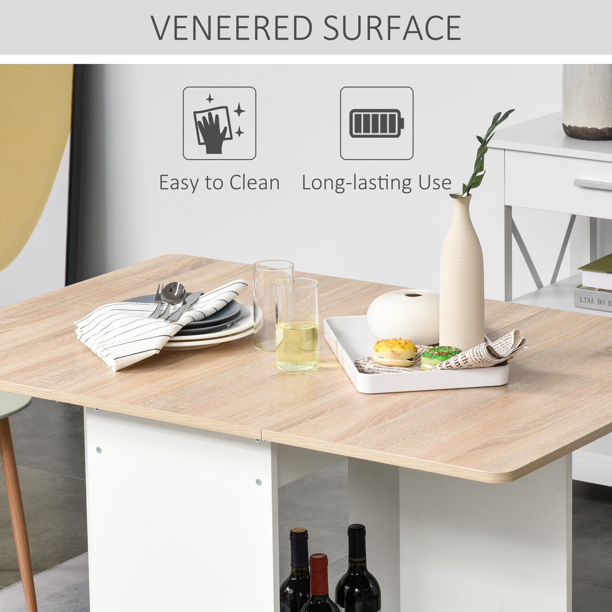 HOMCOM Foldable Drop-Leaf Dining Table with Storage Shelf Oak Finish Space Saving Kitchen Table for Dining Room