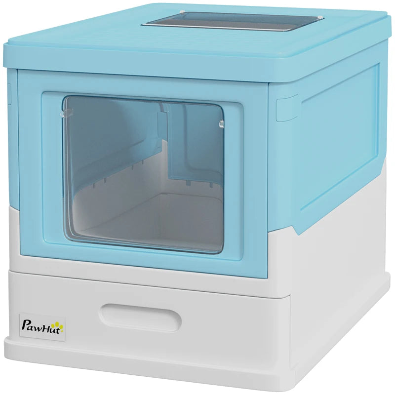 Top Entry Enclosed Kitty Litter Box with Scoop, Tray, Front Entry, Large Space, Foldable, Portable, Blue