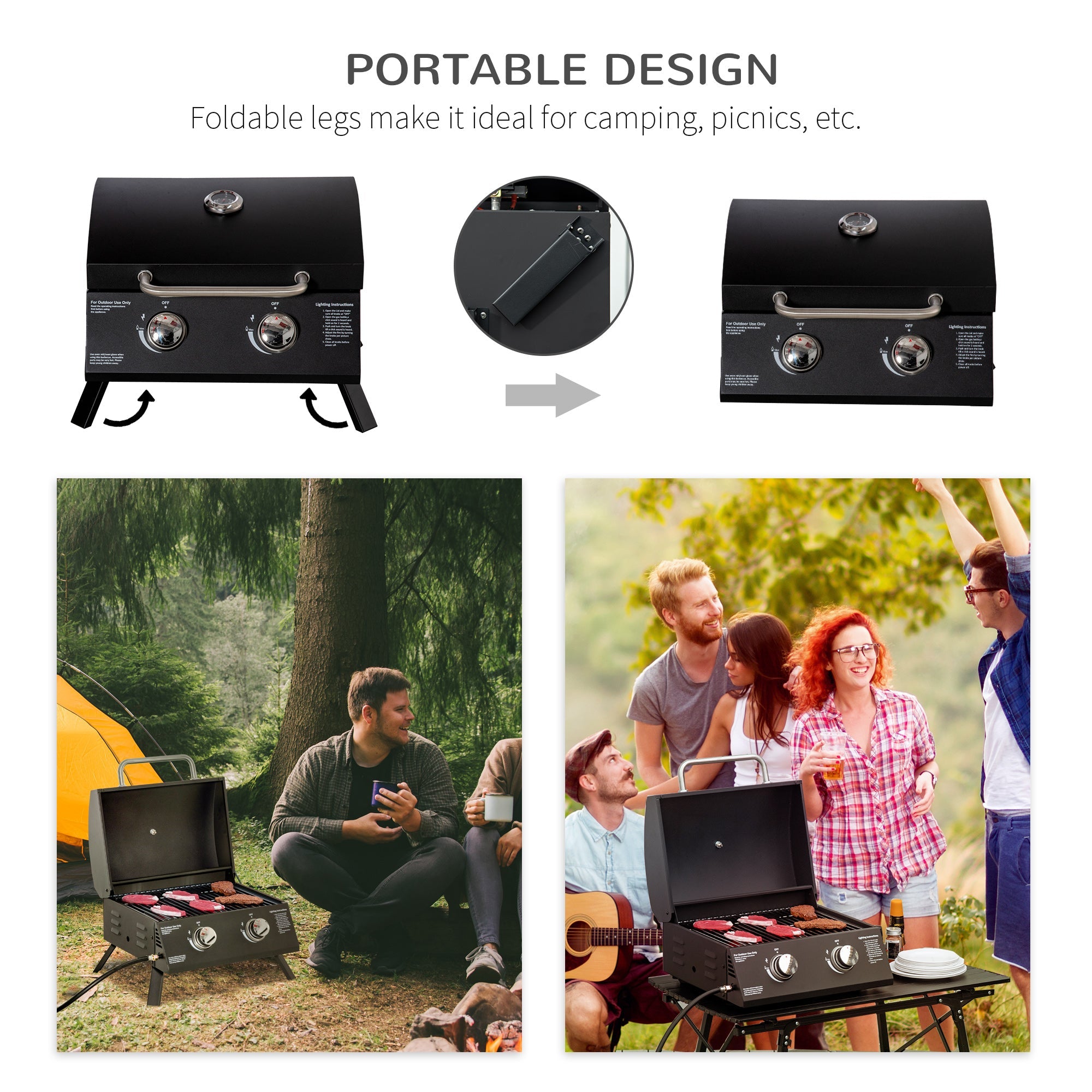 Outsunny 2 Burner Propane Gas Grill Outdoor Portable Tabletop BBQ with Foldable Legs, Black