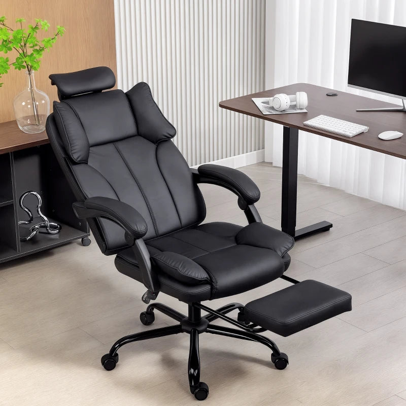 Reclining Office Chair, Executive Desk Chair with Pet-Friendly Fabric, Headrest, Footrest, Swivel Wheels, Black