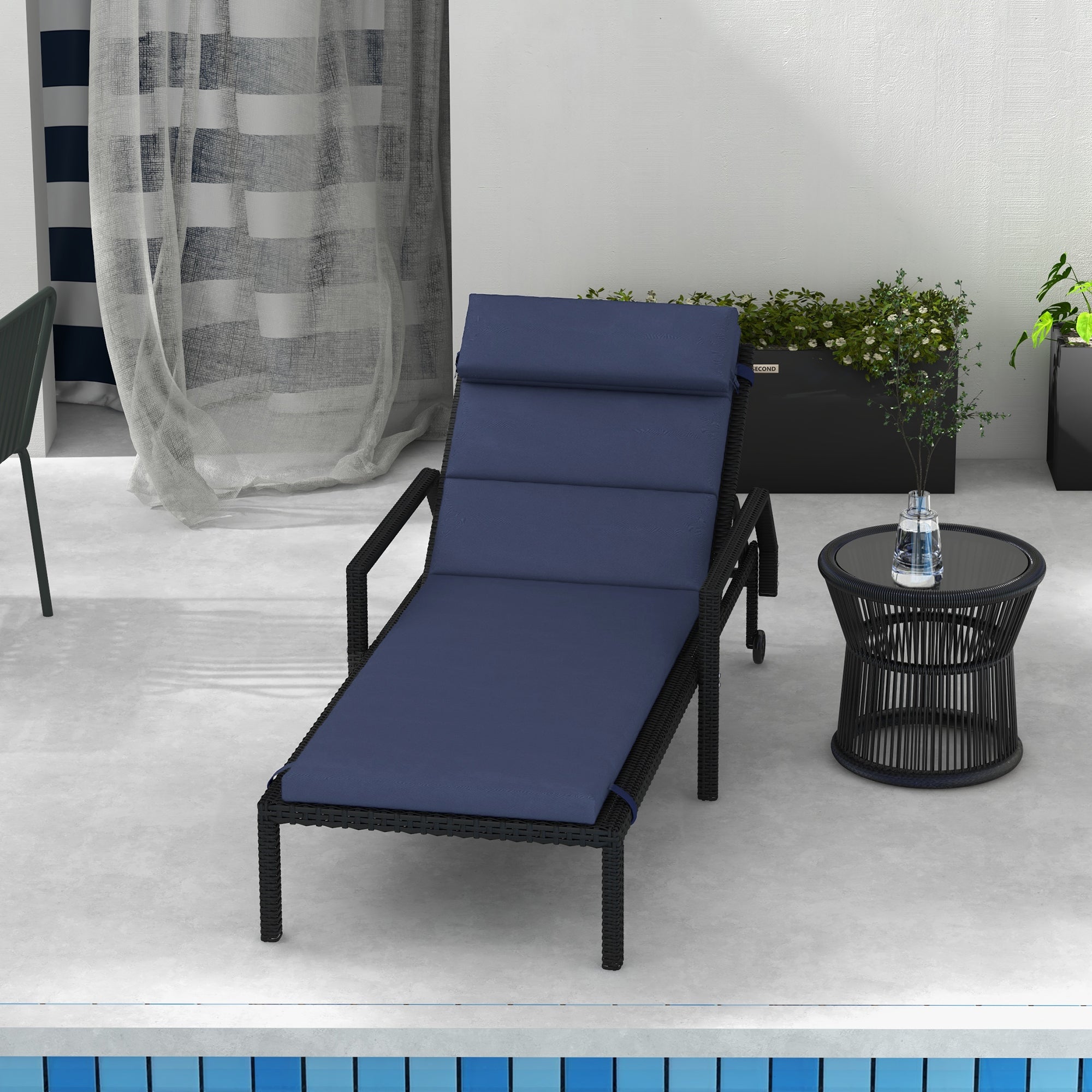 Outsunny Dark Blue Chaise Lounge Chair Cushion with Headrest and Ties for Sun Lounger Comfort Replacement