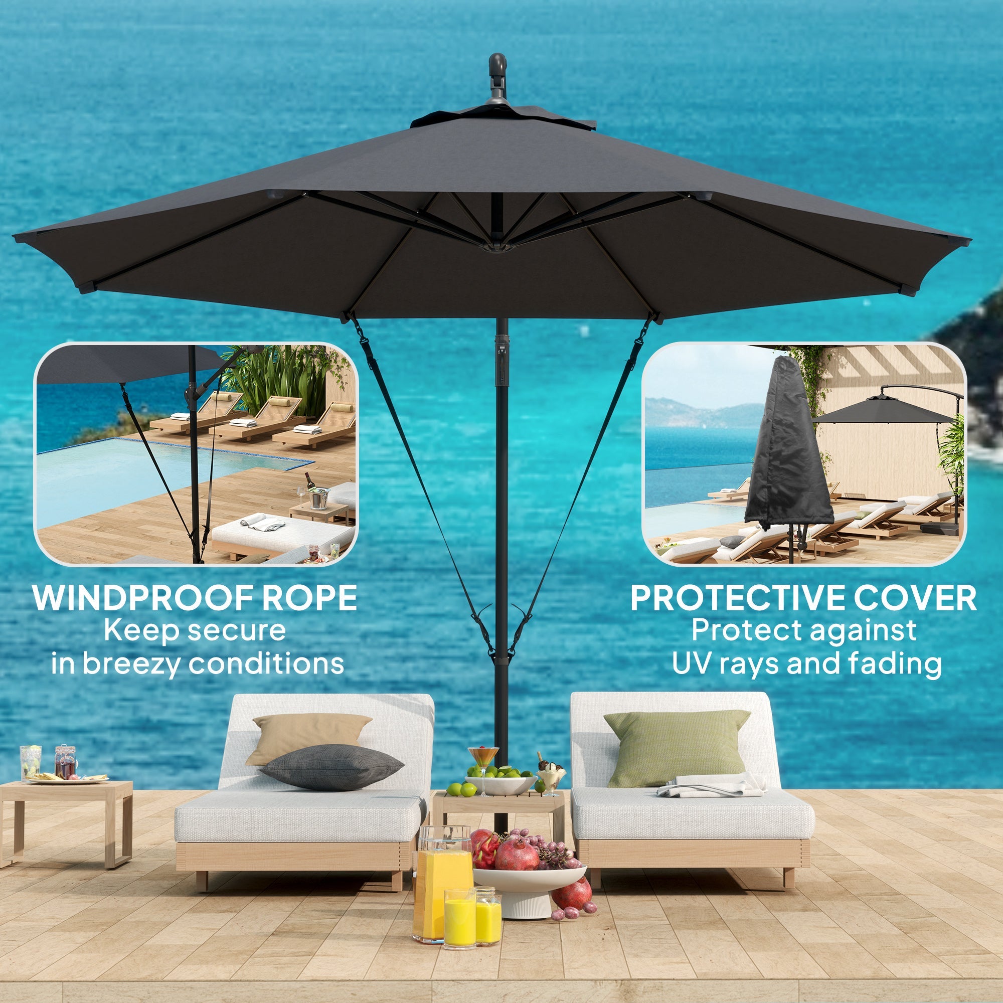 Outsunny 9.5' Cantilever Umbrella with Wind Protection Strap and Cover, Hanging Umbrella with Crank and Cross Base, UPF 50+, Grey