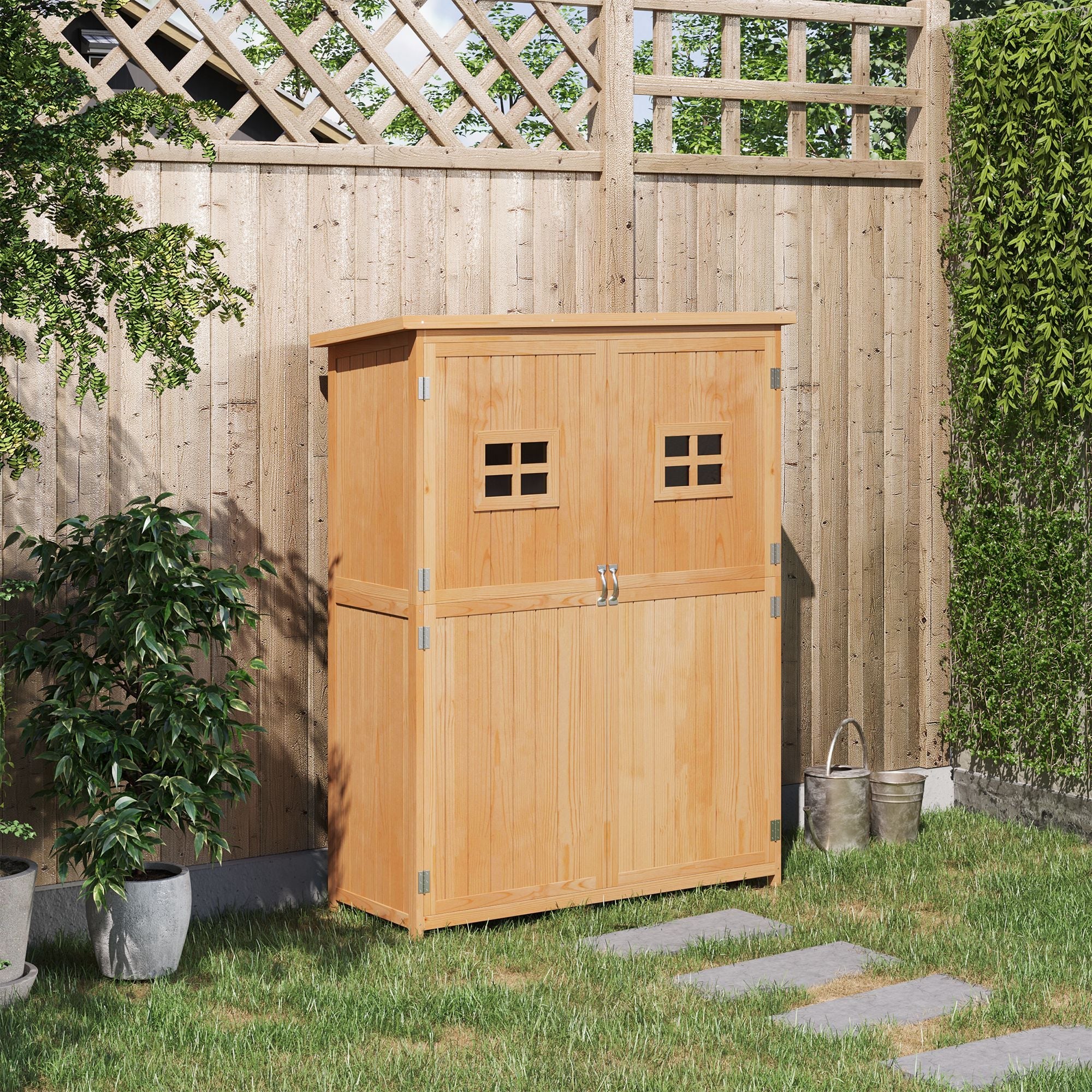 Outsunny 4x1.5ft Wooden Garden Storage Shed, Outdoor Tool Cabinet Organizer with Windows and Double Door, Nature Wood