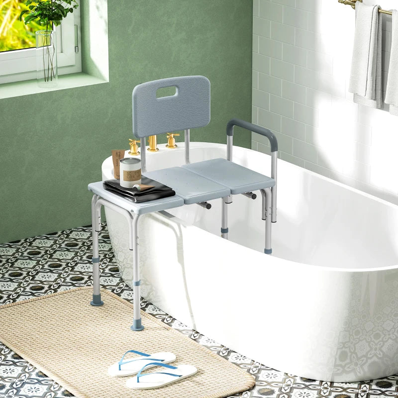 6-Level Adjustable Bath and Shower Transfer Bench Aluminum Chair with Non-Slip Feet, Armrest & Backrest Grey