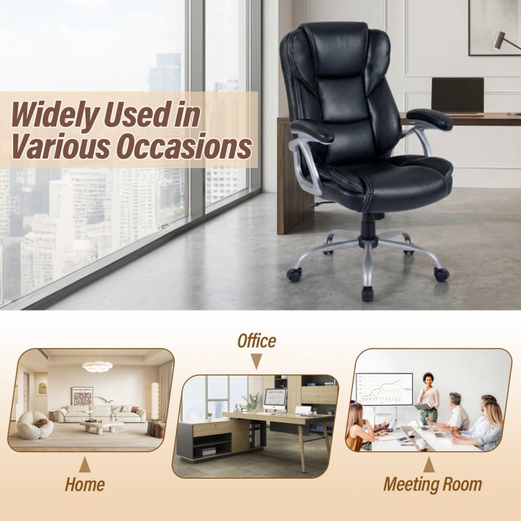 Executive Office Chair Leather Ergonomic Computer Desk Chair with Padded Seat and Armrests-Black