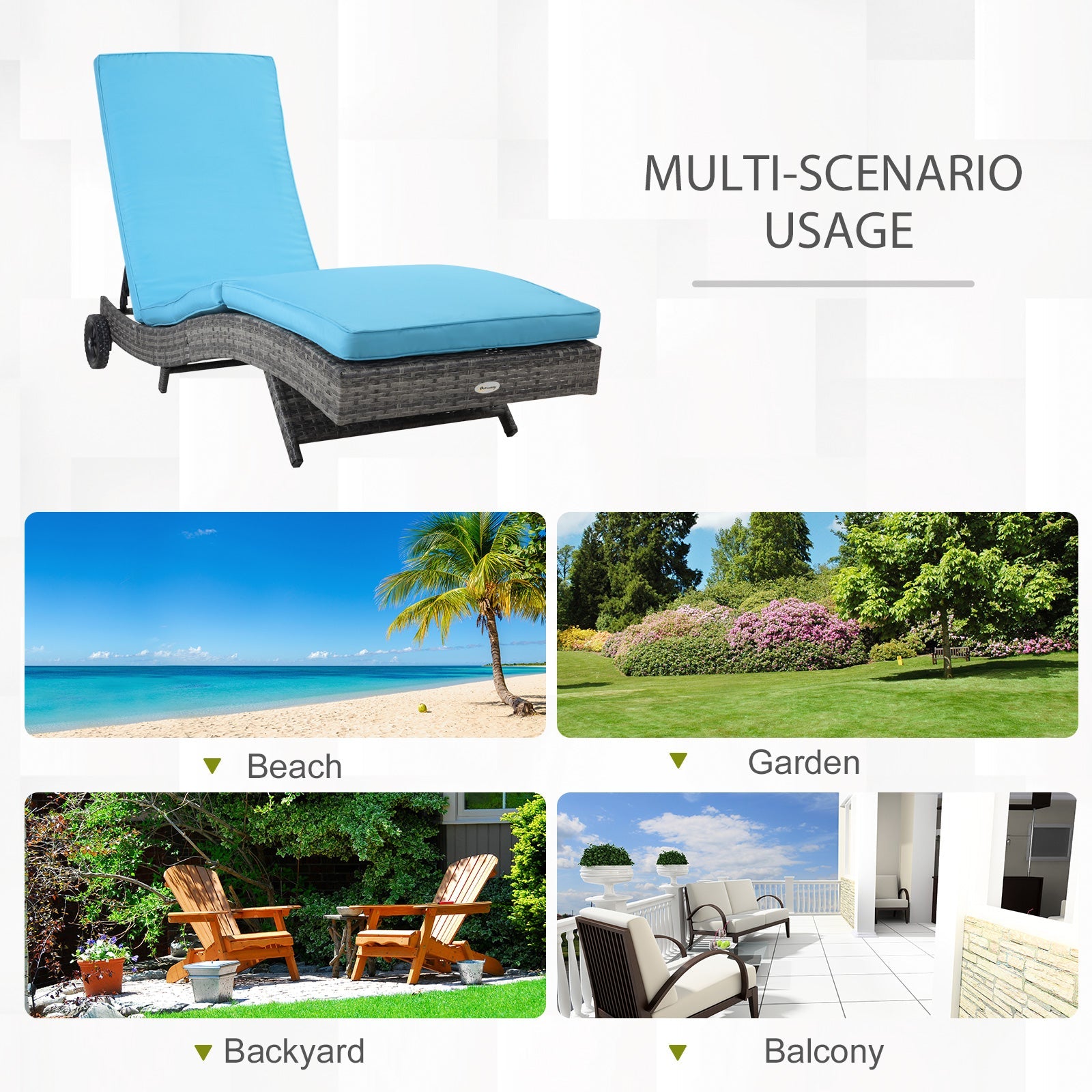 Outsunny Wicker Chaise Lounge Outdoor Adjustable 5-Level Backrest S-Shape Rattan Lounger with Cushion Wheels