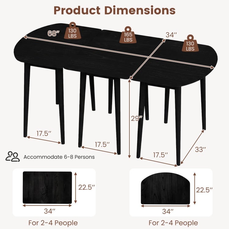 Extendable Dining Table Set with 2 Half-Round and 1 Rectangular Tables-Black