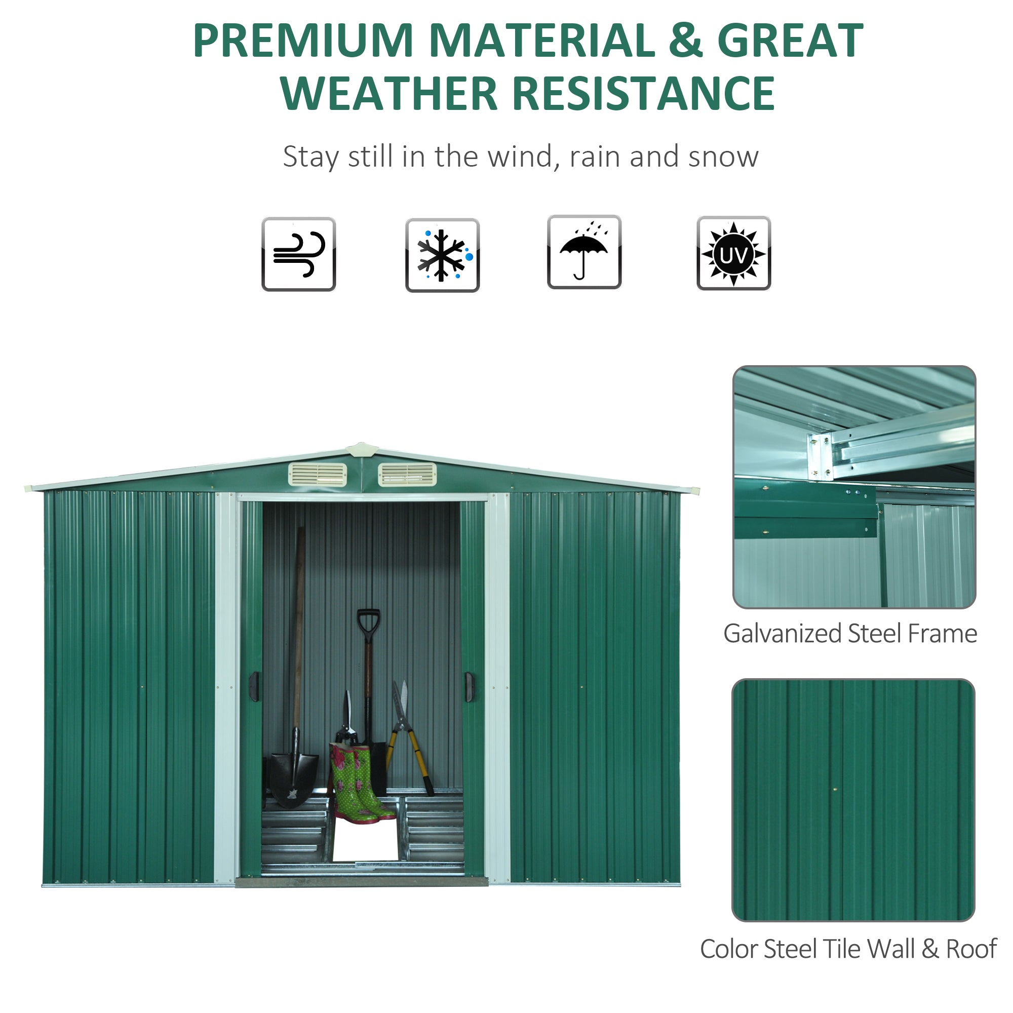 Outsunny 8.5' x 6.8' x 5.8' Practical Backyard Garden Storage Tool Shed Double Sliding Door 4 Ventilation Slotsm, Green