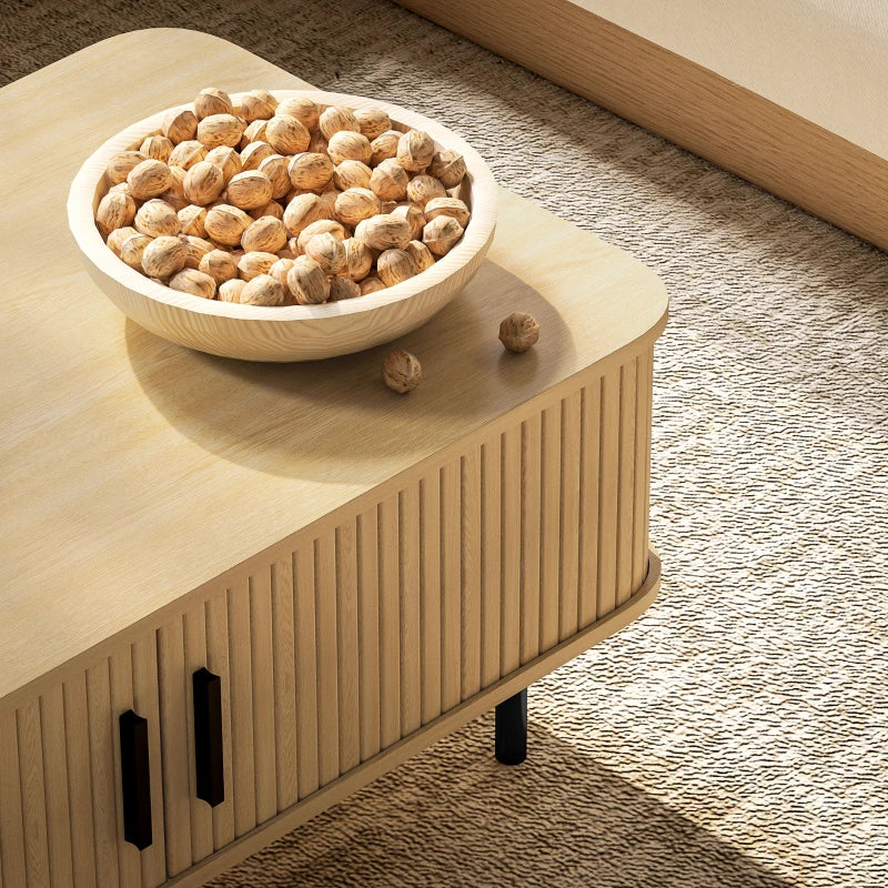 Coffee Table with Storage, Nordic Side Table with Fluted Tambour Sliding Doors and Steel Legs for Living Room, Oak