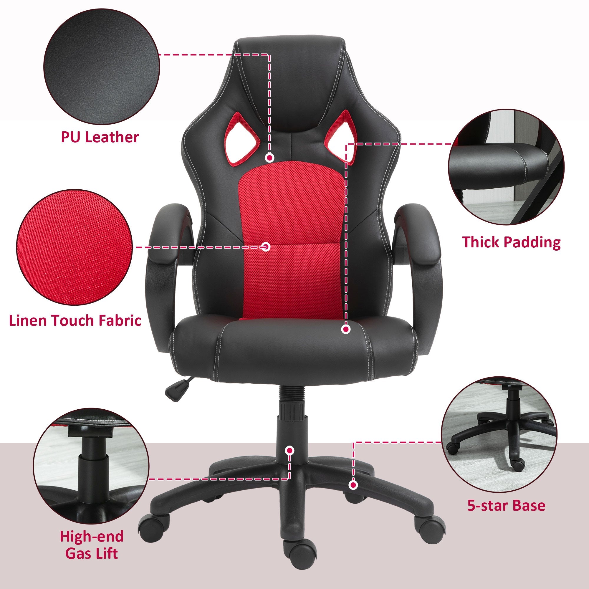 HOMCOM Ergonomic Gaming Chair, High Back, Swivel Office Chair with Wheels, Headrest, Tilt, Red