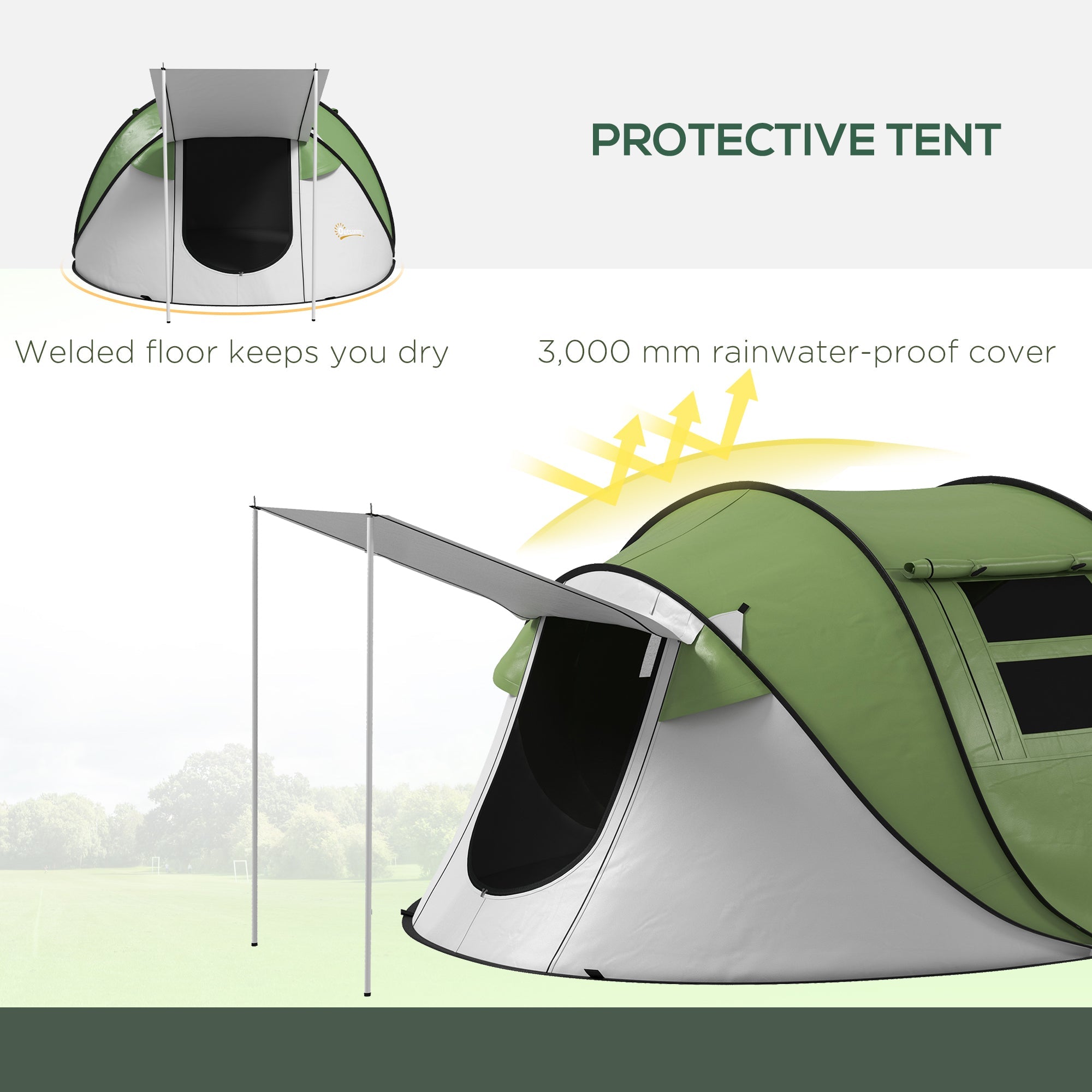 Outsunny Waterproof Pop Up Camping Tent with Porch Carry Bag for 2-3 People Hiking Outdoor Green