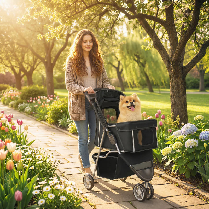 3 Wheels Foldable Dog Stroller with Storage Basket, Adjustable Canopy, Cupholder for Miniature and Small Dogs, Black