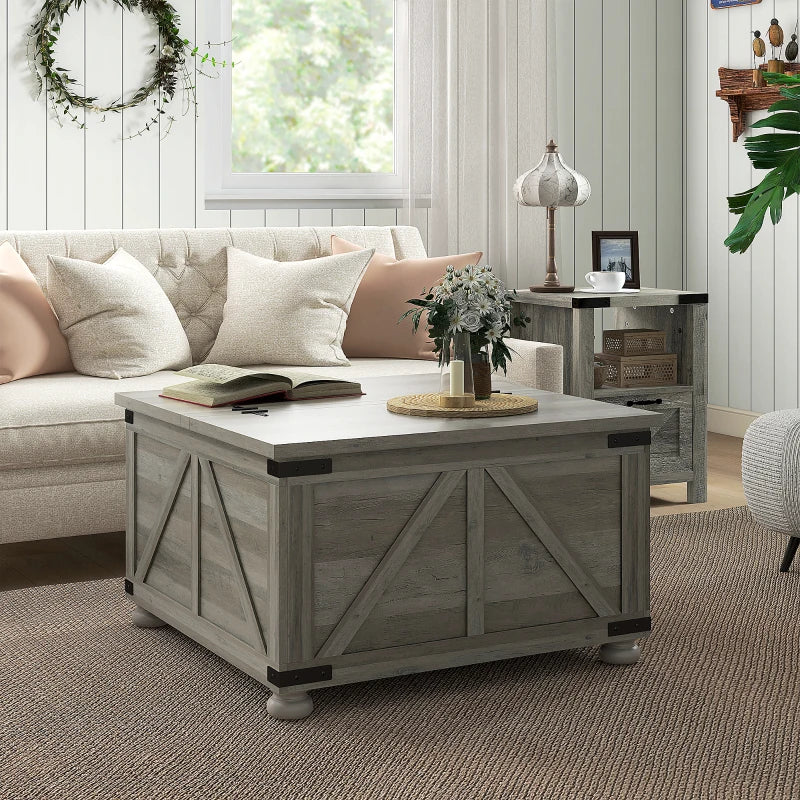 Farmhouse Coffee Table, Square Center Table with Flip-top Lids, Hidden Storage Compartment and Wooden Legs, Distressed Grey