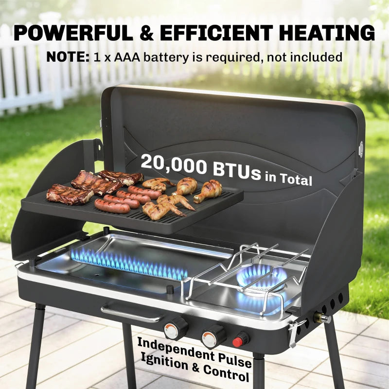 Outsunny 2-in-1 Camping Stove & Gas Griddle Combo, 20,000 BTU Portable Propane Grill with Detachable Legs, Wind Guards, Black