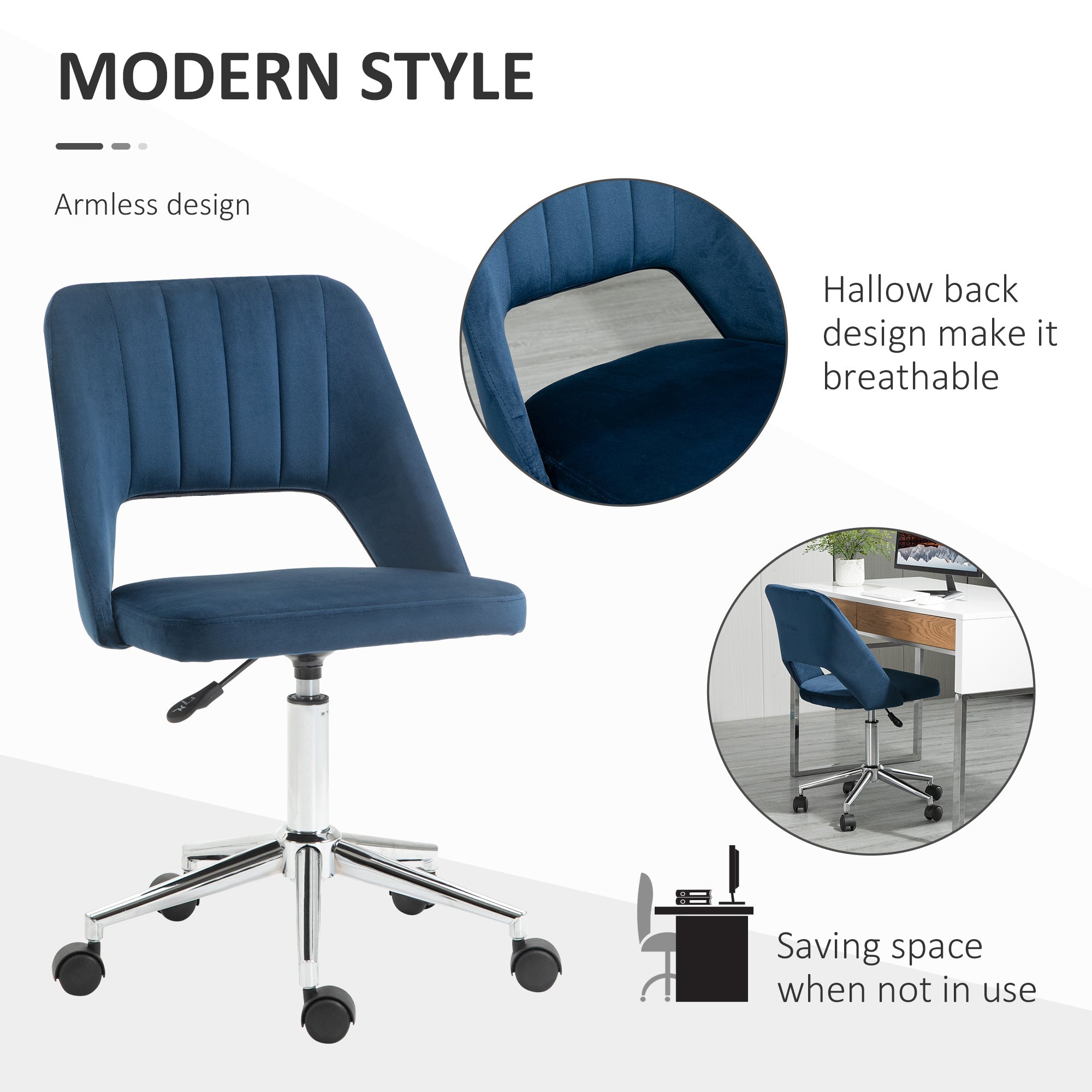 Vinsetto Ergonomic Swivel Chair: Plush Velvet Upholstery, Scalloped Backrest & 360° Mobility for Comfortable Computing, Blue