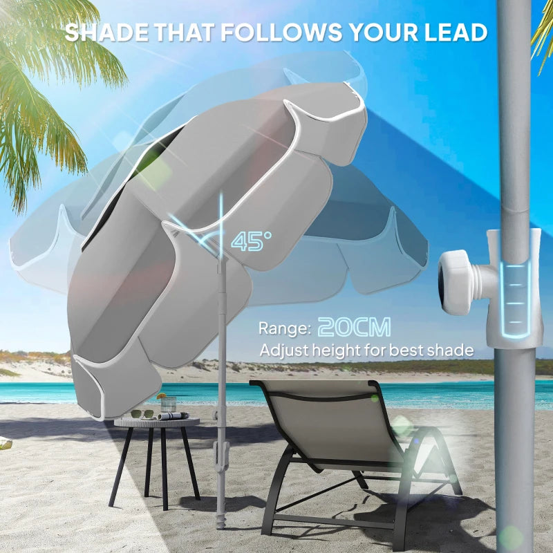 6 ft Beach Umbrella Portable with Sand Anchor, Carry Bag, Adjustable Height & Tilt, UPF50+ UV Protection, Grey